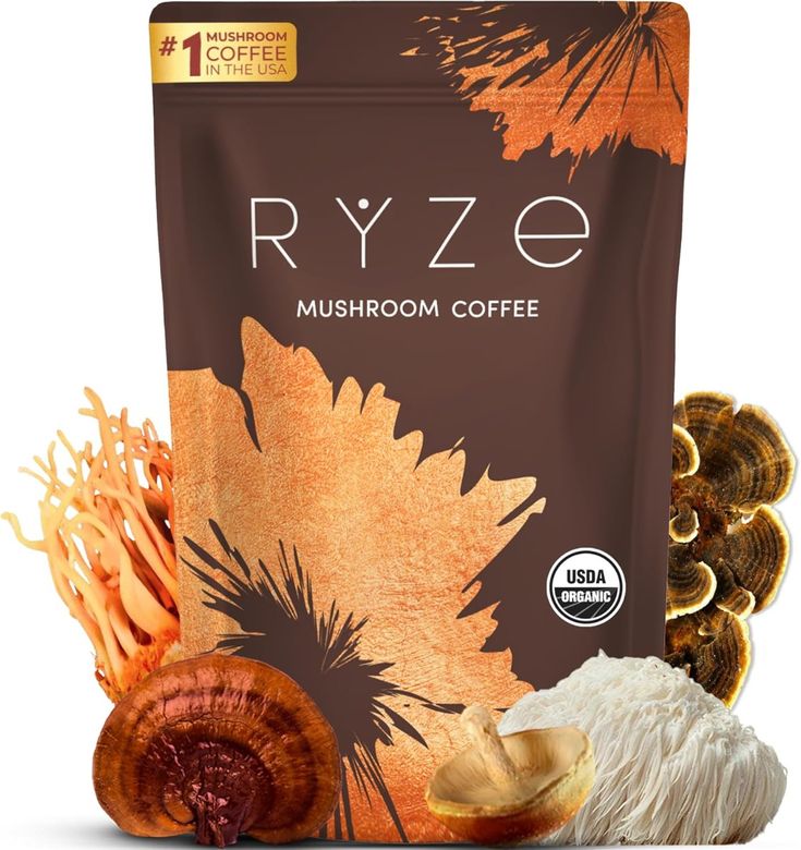 Ryze Mushroom Coffee packaging showcasing blend of adaptogenic mushrooms for energy and gut health
